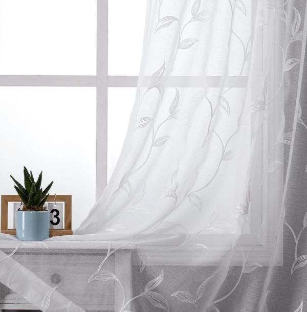 White Embroidered Linen Style Sheer Curtains